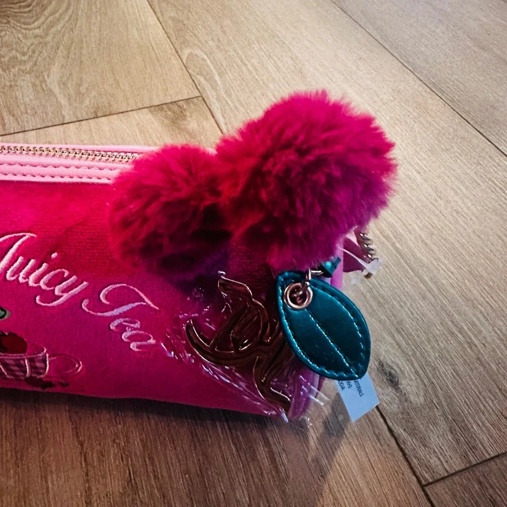 Juicy Couture Spill the Juicy Tea Pink Velour Barrel Bag Cherry Pom Pom NWT
